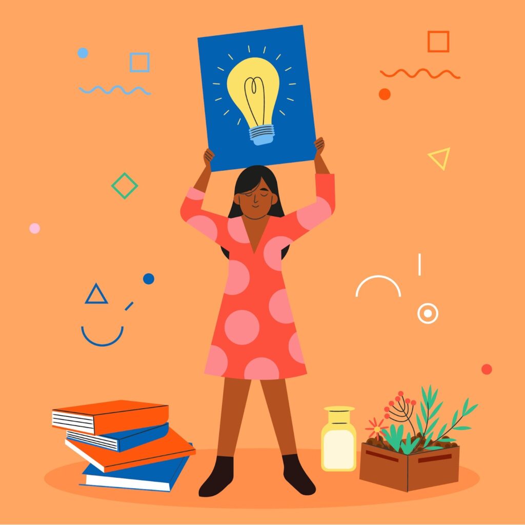 illustration of teacher holding a lightbulb sign