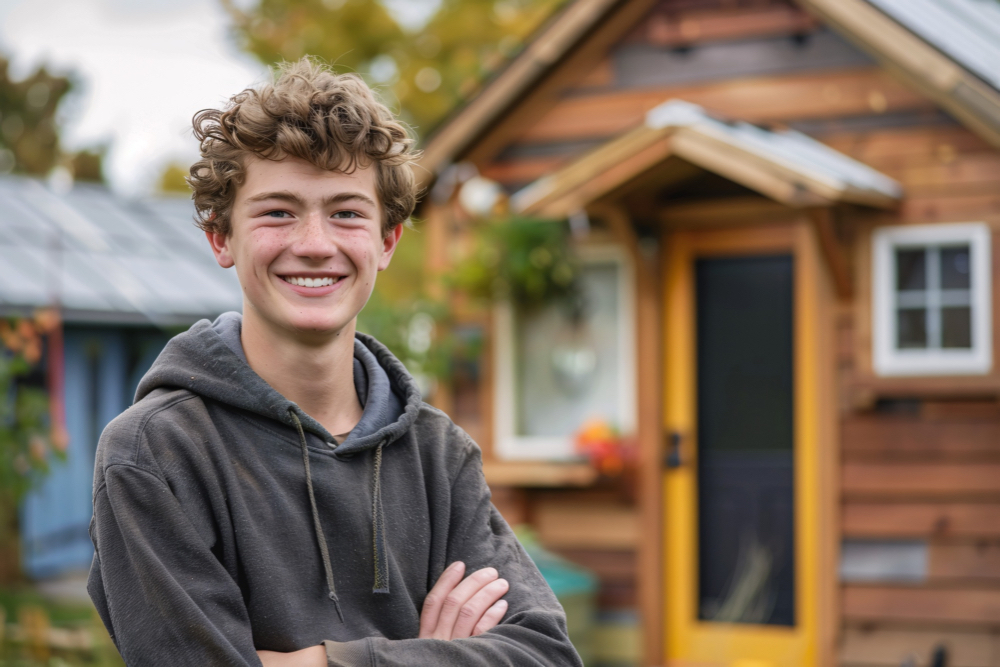 Teen boy standing outside his home smiling
