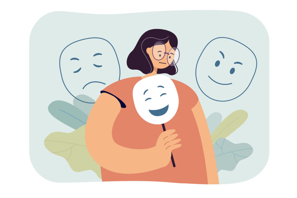 Sad woman hiding emotions under mask flat vector illustration. Cartoon miserable character with false face in negative mood. Personality and psychology concept