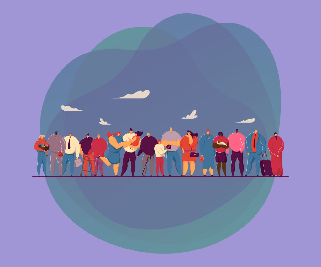 Multicultural community members. Family with kids, diverse multinational crowd of old and young people standing together. Vector illustration for civil society, diversity, inclusion concept