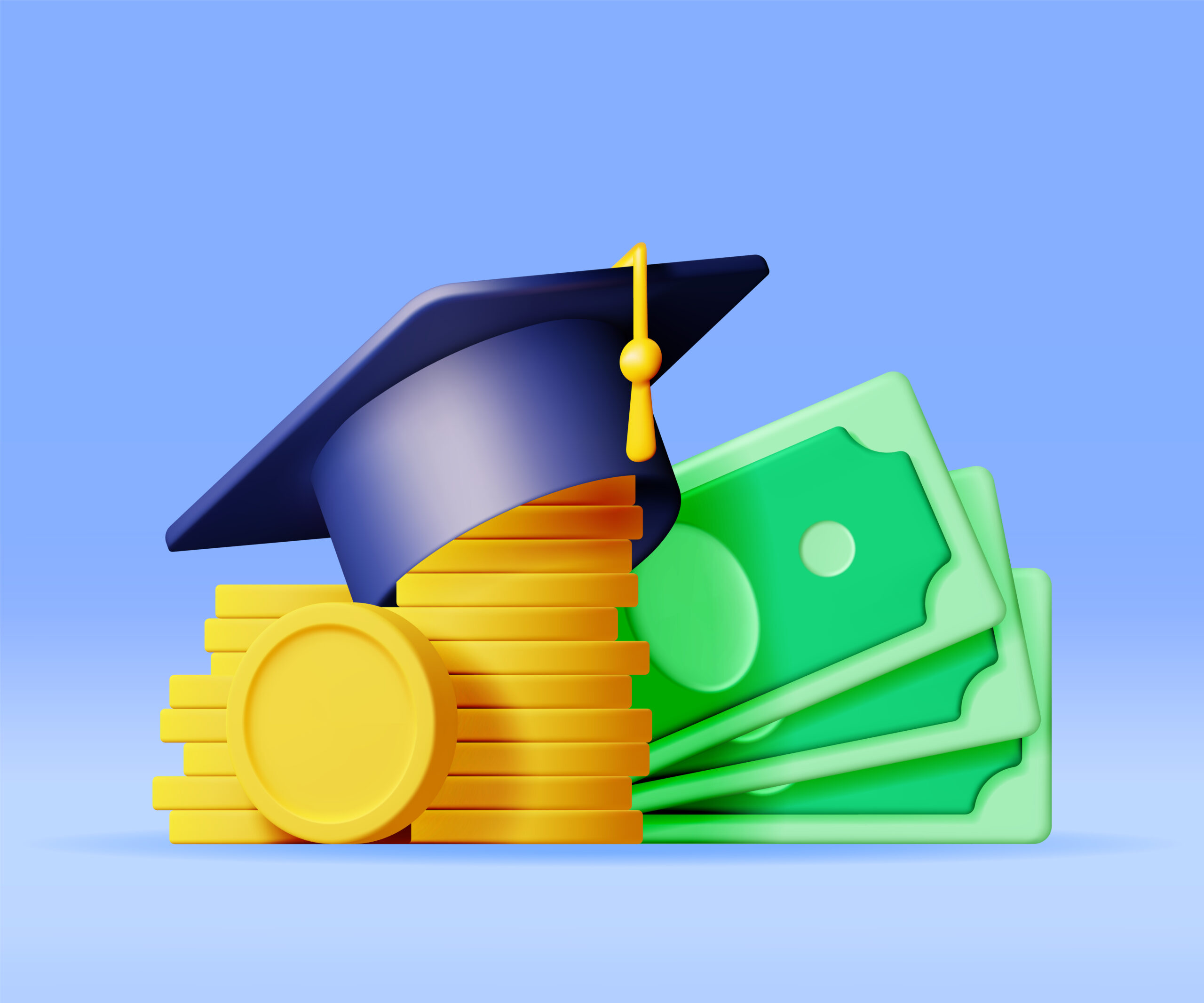 3D Graduation Cap with Gold Coin and Dollar Banknotes Isolated. Render Cash Money for Education, Savings and Investment Concept. Academic and School Knowledge. Realistic Vector Illustration