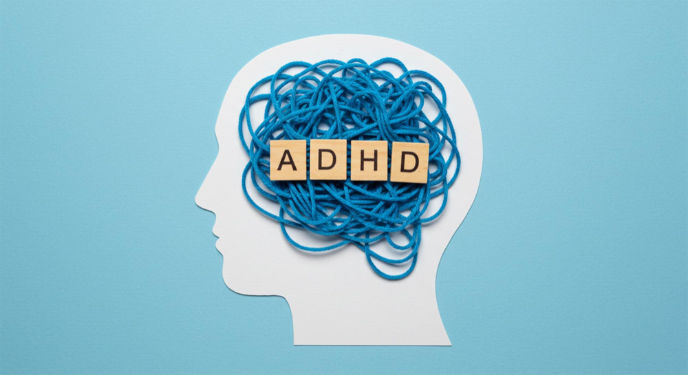 Brain illustration with ADHD labelling.